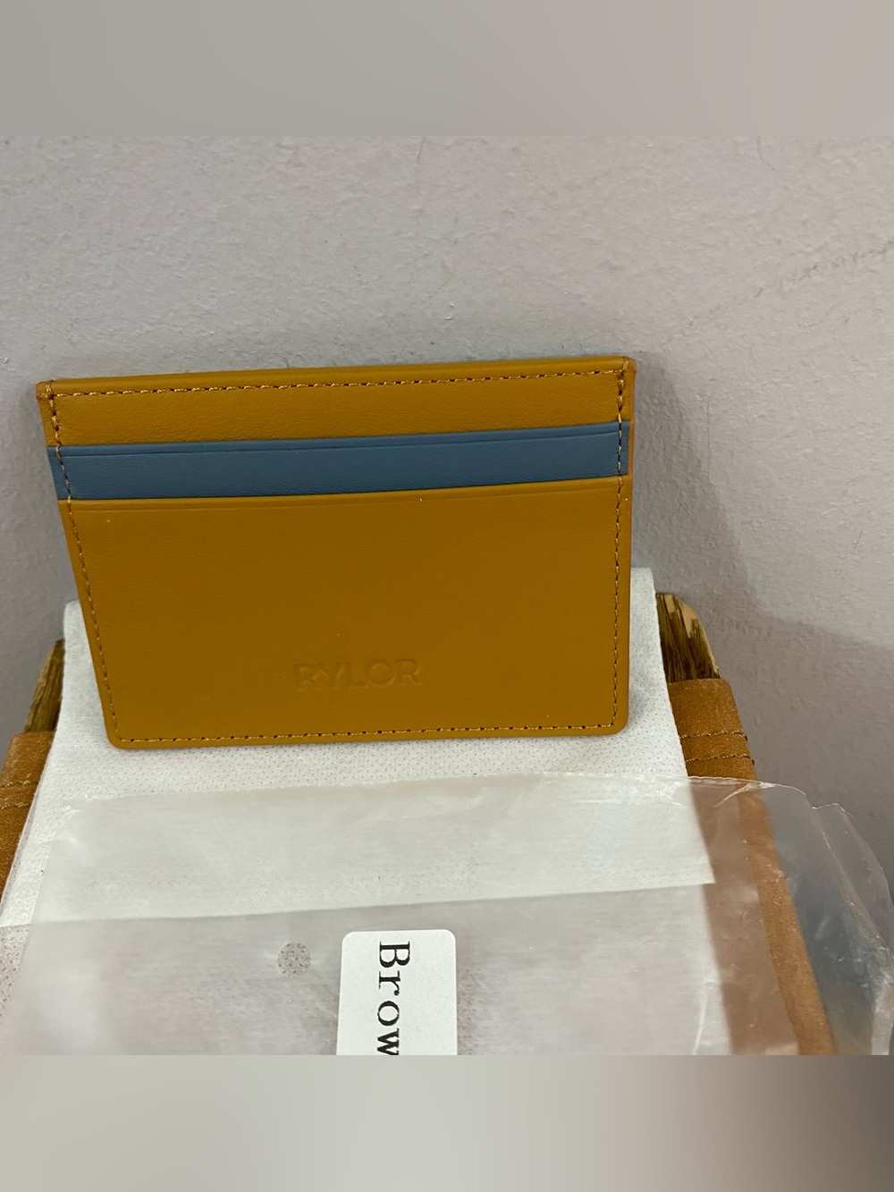 Rylor Heritage Stripe Leather Card Holder Minimalist Slim Wallet Brown Blue NWOT